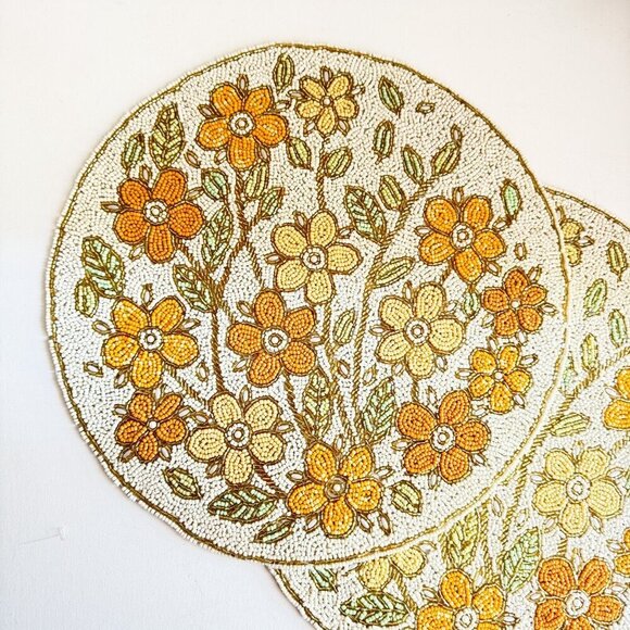 Tahari Home Floral Fully Beaded Round Place Mats Set of 2 - Picture 3 of 9